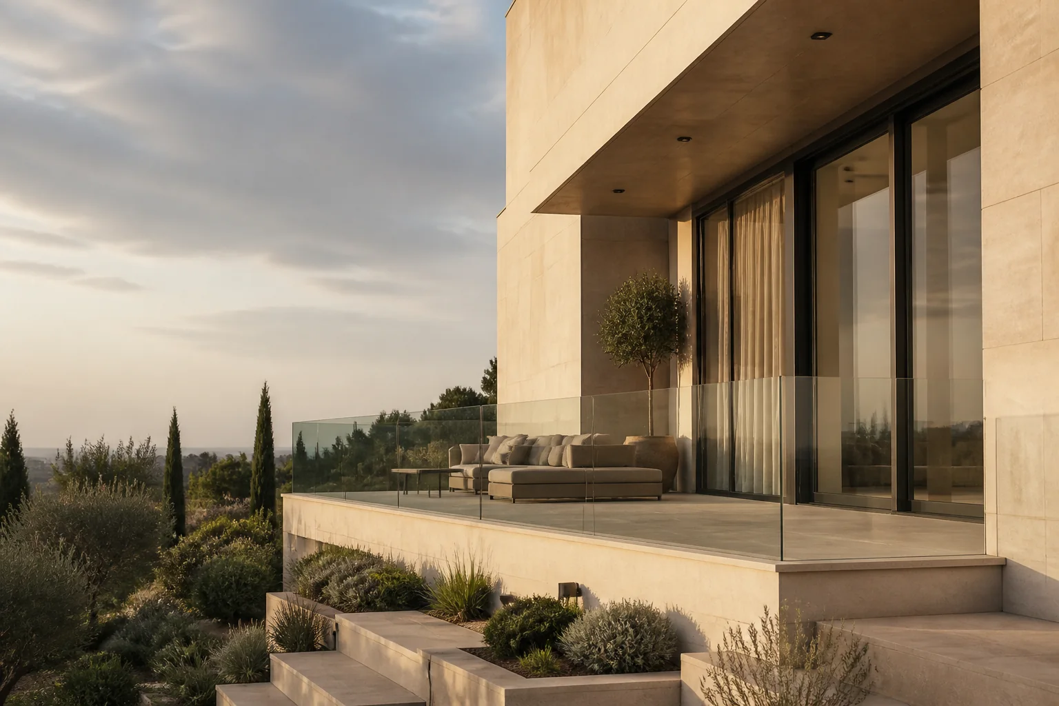Villa contemporaine avec garde-corps en verre et menuiserie aluminium